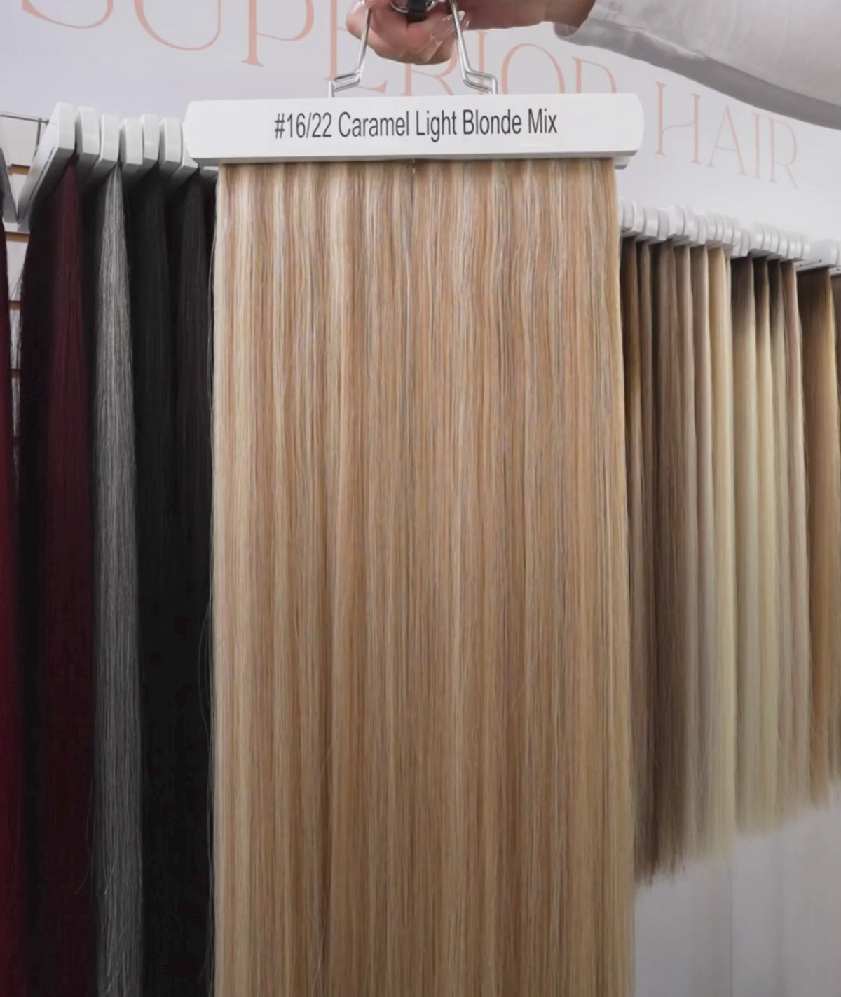 Load video: #16/22 Caramel Light Blonde Classic Halo Hair Extensions