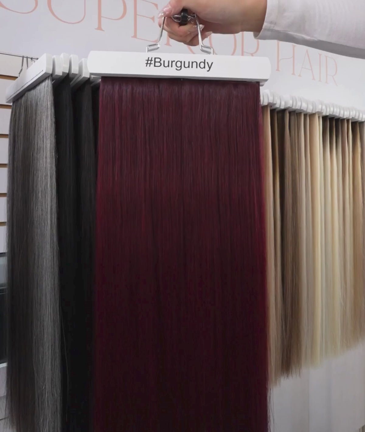 Load video: #Burgundy Classic Halo Hair Extensions