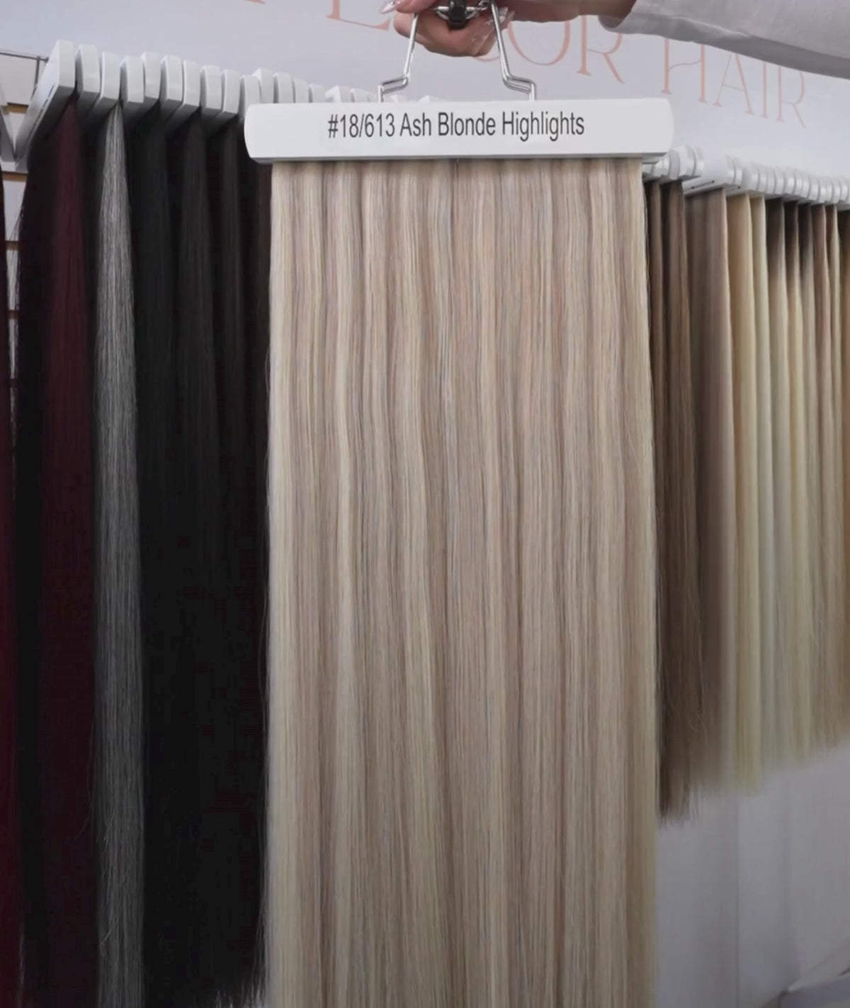 Load video: #18/613 Ash Blonde Highlights Classic Halo Hair Extensions